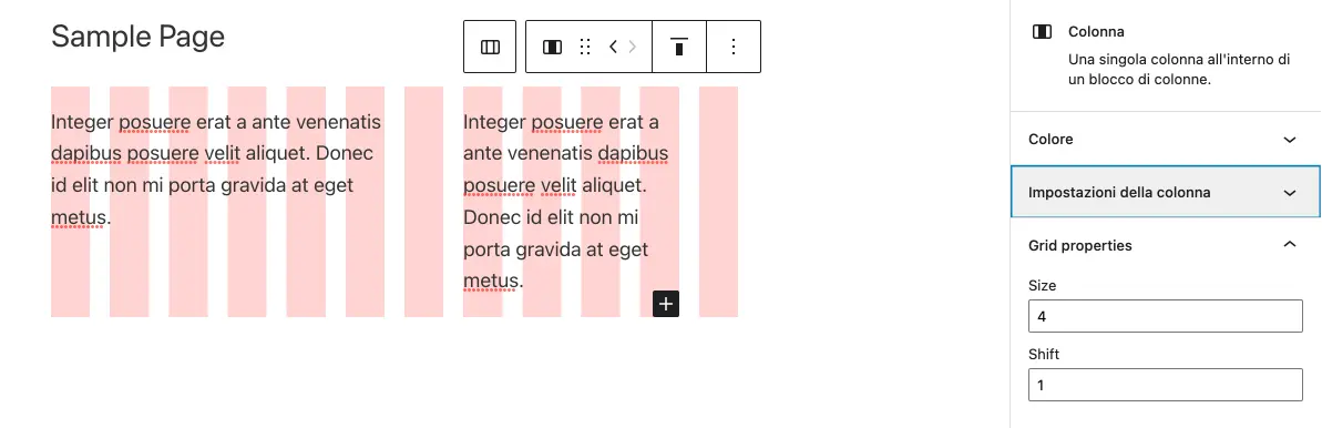 Configurazione della singola colonna del blocco colonne di WordPress