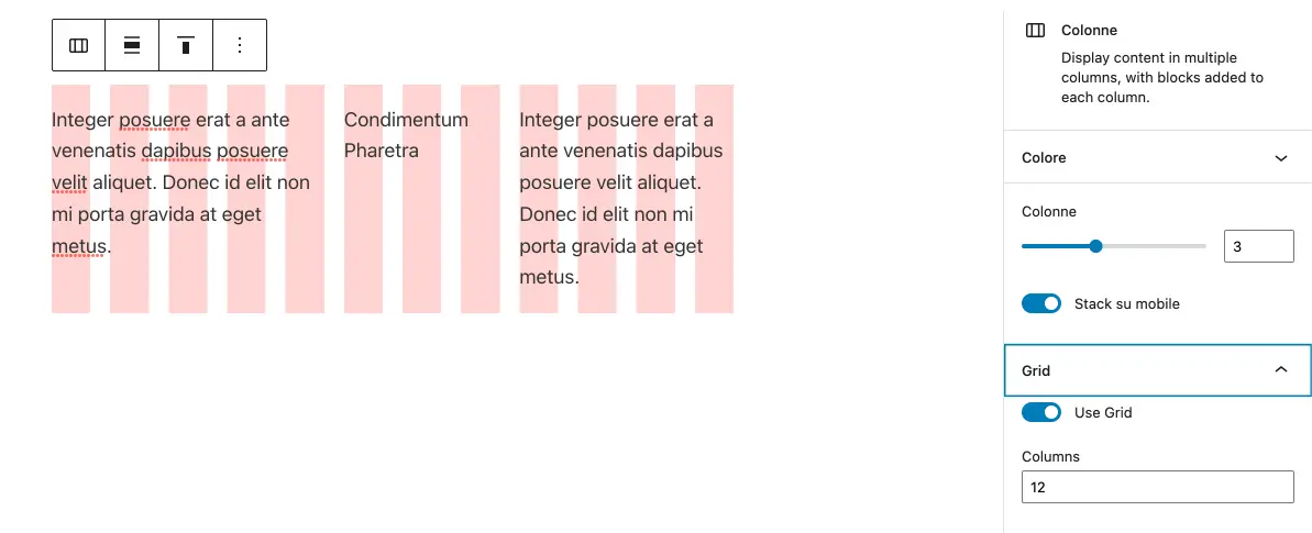 Configurazione della griglia nel blocco colonne di WordPress